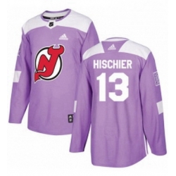 Mens Adidas New Jersey Devils 13 Nico Hischier Authentic Purple Fights Cancer Practice NHL Jersey 