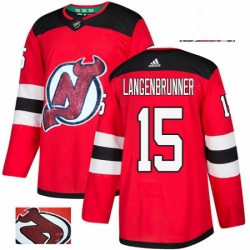 Mens Adidas New Jersey Devils 15 Jamie Langenbrunner Authentic Red Fashion Gold NHL Jersey 