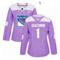 Womens Adidas New York Rangers 1 Eddie Giacomin Authentic Purple Fights Cancer Practice NHL Jersey 