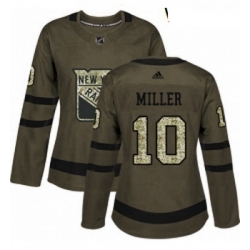 Womens Adidas New York Rangers 10 JT Miller Authentic Green Salute to Service NHL Jersey 