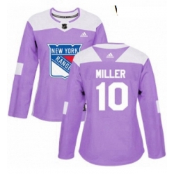 Womens Adidas New York Rangers 10 JT Miller Authentic Purple Fights Cancer Practice NHL Jersey 