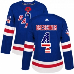 Womens Adidas New York Rangers 4 Ron Greschner Authentic Royal Blue USA Flag Fashion NHL Jersey 