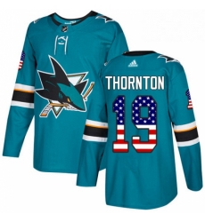 Mens Adidas San Jose Sharks 19 Joe Thornton Authentic Teal Green USA Flag Fashion NHL Jersey 