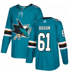 Mens Adidas San Jose Sharks 61 Justin Braun Premier Teal Green Home NHL Jersey 