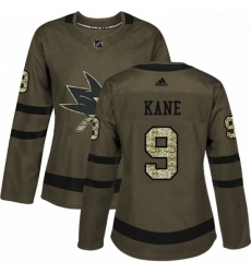 Womens Adidas San Jose Sharks 9 Evander Kane Authentic Green Salute to Service NHL Jersey 