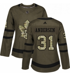 Womens Adidas Toronto Maple Leafs 31 Frederik Andersen Authentic Green Salute to Service NHL Jersey 