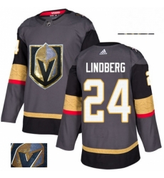 Mens Adidas Vegas Golden Knights 24 Oscar Lindberg Authentic Gray Fashion Gold NHL Jersey 