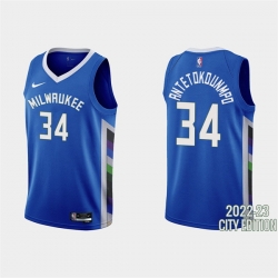 Men Milwaukee Bucks 34 Giannis Antetokounmpo 2022 23 Blue City Edition Stitched Basketball Jersey