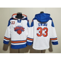 Men New Yok Knicks 33 Patrick Ewing White Lace Up Pullover Hoodie