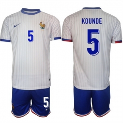 Men France 5 Jules Kound E9 White 2024 25 Away Soccer Jersey Suit