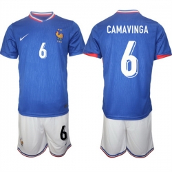 Men France 6 Eduardo Camavinga Blue 2024 25 Home Soccer Jersey Suit