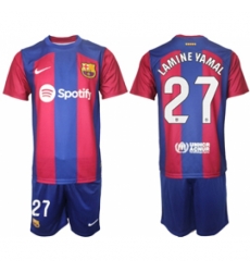Men Barcelona 27 Lamine Yamal Blue Red 2023 24 Home Soccer Jersey