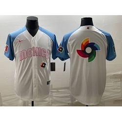 Men Mexico Baseball 2023 White Blue World Baseball Big Logo With Patch Classic Stitched Jersey