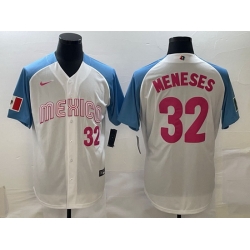 Men Mexico Baseball 32 Joey Meneses 2023 White Blue World Baseball Classic Stitched Jersey