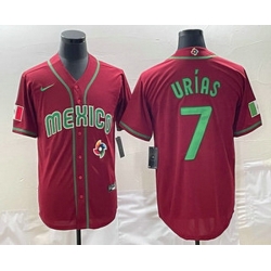 Men's Mexico Baseball #7 Julio Urias 2023 Red Green World Baseball Classic Stitched Jersey
