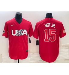 Men USA Baseball 15 Bobby Witt Jr 2023 Red World Baseball Classic Stitched Jersey Men USA Baseball 15 Bobby Witt Jr 2023 Red World Baseball Classic Stitched Jersey