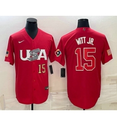 Men USA Baseball #15 Bobby Witt Jr Number 2023 Red World Baseball Classic Stitched Jersey 1 Men USA Baseball #15 Bobby Witt Jr Number 2023 Red World Baseball Classic Stitched Jersey 1