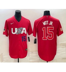 Men USA Baseball #15 Bobby Witt Jr Number 2023 Red World Baseball Classic Stitched Jersey 2 Men USA Baseball #15 Bobby Witt Jr Number 2023 Red World Baseball Classic Stitched Jersey 2