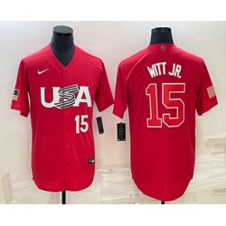 Men USA Baseball #15 Bobby Witt Jr Number 2023 Red World Baseball Classic Stitched Jerseys