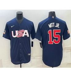 Men's USA Baseball #15 Bobby Witt Jr 2023 Navy World Baseball Classic Stitched Jerseys Men's USA Baseball #15 Bobby Witt Jr 2023 Navy World Baseball Classic Stitched Jerseys