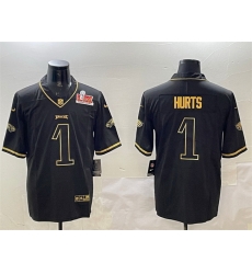Men Philadelphia Eagles 1 Jalen Hurts Black Gold 2025 Super Bowl LIX Patch Salute To Service Vapor Untouchable Limited Stitched Football Jersey Men Philadelphia Eagles 1 Jalen Hurts Black Gold 2025 Super Bowl LIX Patch Salute To Service Vapor Untouchable Limited Stitched Football Jersey
