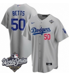 Men Los Angeles Dodgers 50 Mookie Betts 2025 World Series Cool Base Stitched Baseball Jersey Gray Men Los Angeles Dodgers 50 Mookie Betts 2025 World Series Cool Base Stitched Baseball Jersey Gray