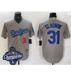 Men Los Angeles Dodgers 31 Tyler Glasnow Cool Base 2025 World Champions Stitched Baseball Jersey Gray