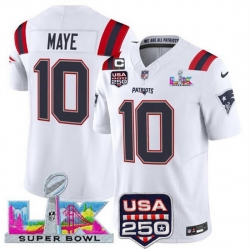 Men New England Patriots 10 Drake Maye White 2025 F U S E  1 Star C Patch And Super Bowl LX Patch  USA 250 Patch Vapor Limited Football Stitched Jersey