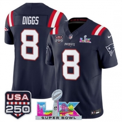 Men New England Patriots 8 Stefon Diggs Navy 2025 F U S E  Super Bowl LX Patch And USA 250 27 Patch Vapor Limited Football Stitched Jersey