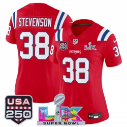 Women New England Patriots 38 Rhamondre Stevenson Red 2025 F U S E  Super Bowl LX Patch And USA 250 27 Patch Vapor Limited Football Stitched Jersey 