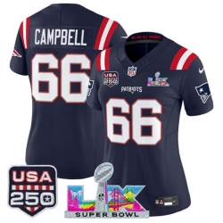 Women New England Patriots 66 Will Campbell Navy 2025 F U S E  Super Bowl LX Patch And USA 250 27 Patch Vapor Limited Football Stitched Jersey 