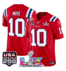 Youth New England Patriots 10 Drake Maye Red 2025 F U S E  1 Star C Patch And Super Bowl LX Patch  USA 250 Patch Vapor Limited Stitched Football Jersey
