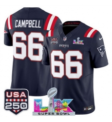 Youth New England Patriots 66 Will Campbell Navy 2025 F U S E  Super Bowl LX Patch And USA 250 27 Patch Vapor Limited Stitched Football Jersey