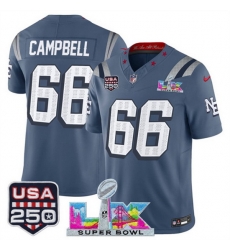Youth New England Patriots 66 Will Campbell Storm Blue 2025 F U S E  Super Bowl LX  USA 250 Patch  Rivalries Vapor Limited Stitched Football Jersey