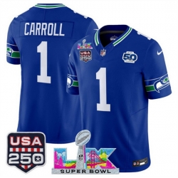 Men Seattle Seahawks 1 Pete Carroll Royal 2025 F U S E  Super Bowl LX Patch And 50th Season  USA 250 Patch Vapor Throwback Limited Stitched Football Jersey