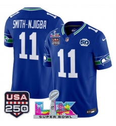 Men Seattle Seahawks 11 Jaxon Smith Njigba Royal 2025 F U S E  Super Bowl LX Patch And 50th Season  USA 250 Patch Vapor Throwback Limited Stitched Football