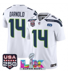 Men Seattle Seahawks 14 Sam Darnold White 2025 F U S E  Super Bowl LX Patch And 50th Season  USA 250 Patch Vapor Limited Football Stitched Jersey