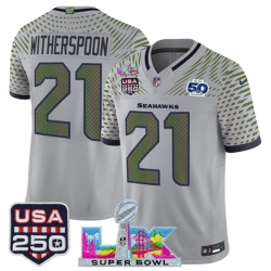 Men Seattle Seahawks 21 Devon Witherspoon Gray 2025 F U S E Super Bowl LX  US 250th anniversary Patch And 50th Season Patch Rivalries Vapor Limited Footbal