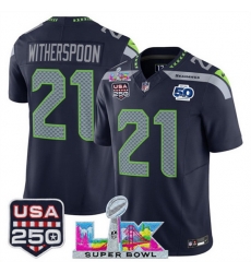 Men Seattle Seahawks 21 Devon Witherspoon Navy 2025 F U S E  Super Bowl LX Patch And 50th Season  USA 250 Patch Vapor Limited Football Stitched Jersey