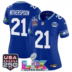 Women Seattle Seahawks 21 Devon Witherspoon Royal 2025 F U S E Super Bowl LX Patch And 50th Season  USA 250 Patch Vapor Throwback Limited Stitched Football