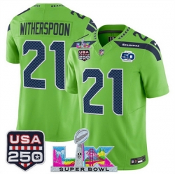 Youth Seattle Seahawks 21 Devon Witherspoon Green 2025 F U S E  Super Bowl LX Patch And 50th Season  USA 250 Patch Vapor Limited Stitched Football Jersey