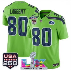 Youth Seattle Seahawks 80 Steve Largent Green 2025 F U S E  Super Bowl LX Patch And 50th Season  USA 250 Patch Vapor Limited Stitched Football Jersey