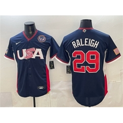 Men USA Baseball  29 Cal Raleigh Navy 2026 World Baseball Classic United States 250th Anniversary Patch Road Stadium Stitched Jersey